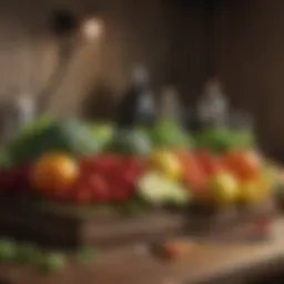 Fresh vegetables and fruits on a wooden table