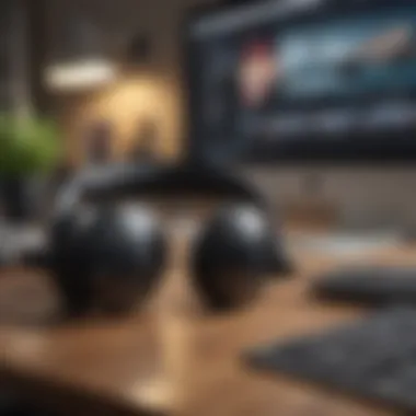 Calm Workspace for Enhanced Focus A calming workspace featuring a laptop and headphones with ambient music notes in the background.