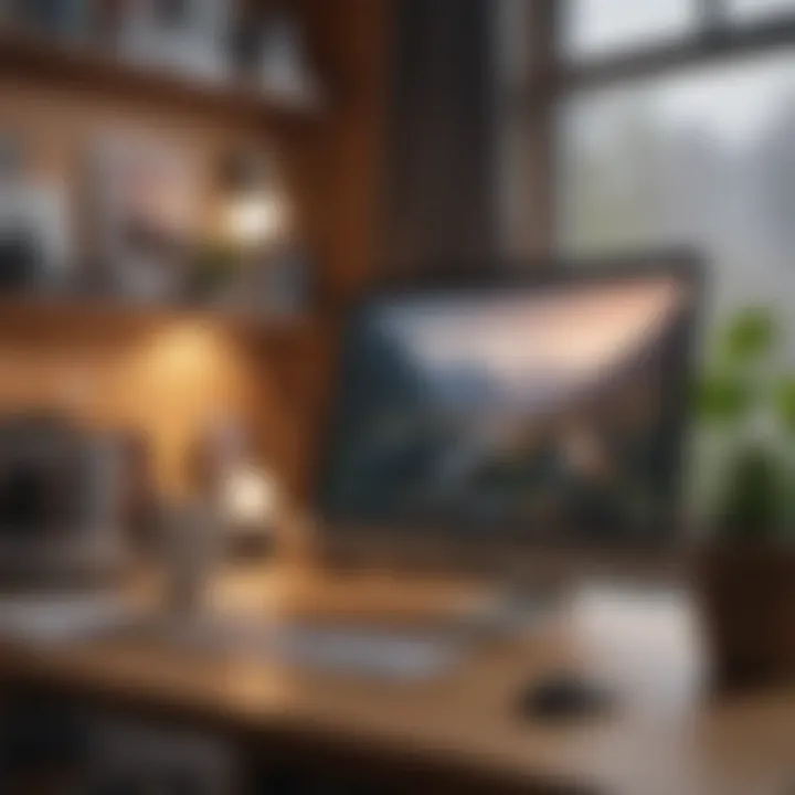 A cozy office setting with coffee and playlists displayed on a screen, promoting productivity.