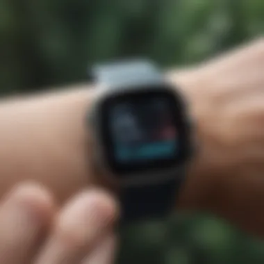 Close-up of Fitbit watch interface displaying tracking data