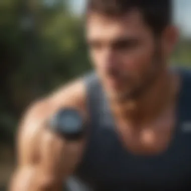 Triathlete using a fitness watch during training