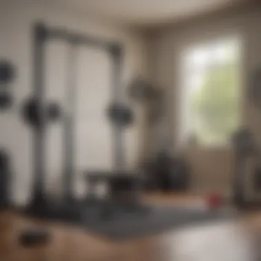 Home gym setup featuring a small squat rack in use