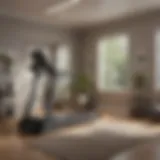 Well-equipped home gym featuring a modern treadmill