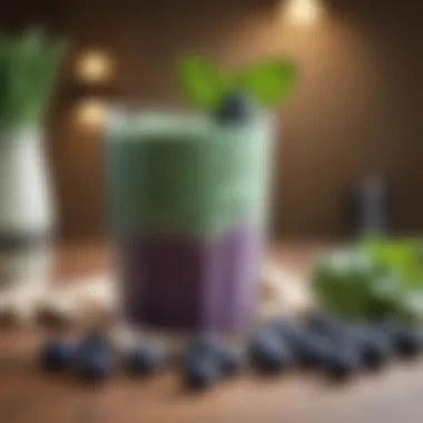 A smoothie made with almond milk, blueberries, and spinach, an ideal refreshing drink for managing reflux.