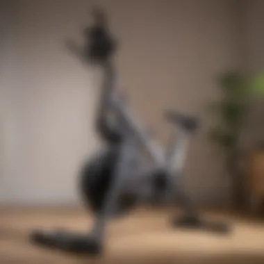 Compact Storage of Exercise Bike Side view of a compact folding exercise bike stored away