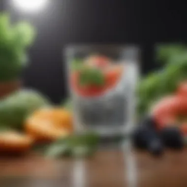 A glass of water surrounded by fresh fruits and vegetables