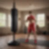 Overview of a free standing punch bag in a home gym setting