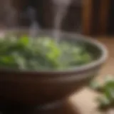 Close-up of a steaming bowl of herbal concoction for nasal relief