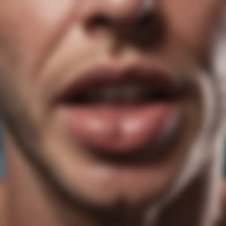 Close-up of a blister on the lip indicating oral herpes symptoms