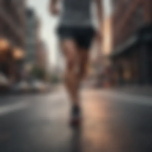 Dynamic view of a runner in motion wearing Under Armour shoes on a city road