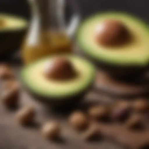 An array of healthy fats including avocados, nuts, and olive oil.