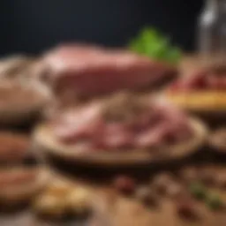 An assortment of high-protein foods including meat, beans, and legumes