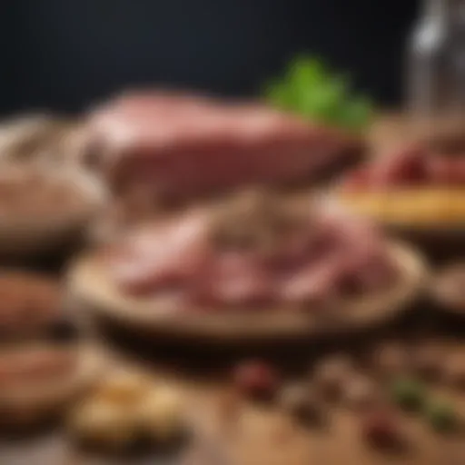 An assortment of high-protein foods including meat, beans, and legumes