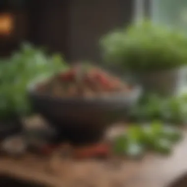 Fresh herbs and spices on a table