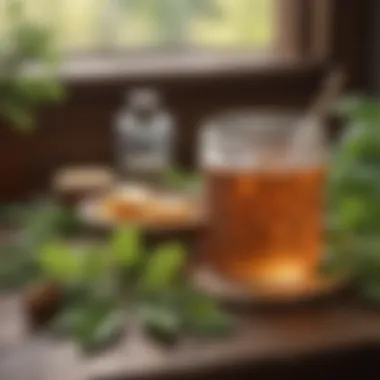 A selection of natural remedies including herbs and honey on a wooden table.