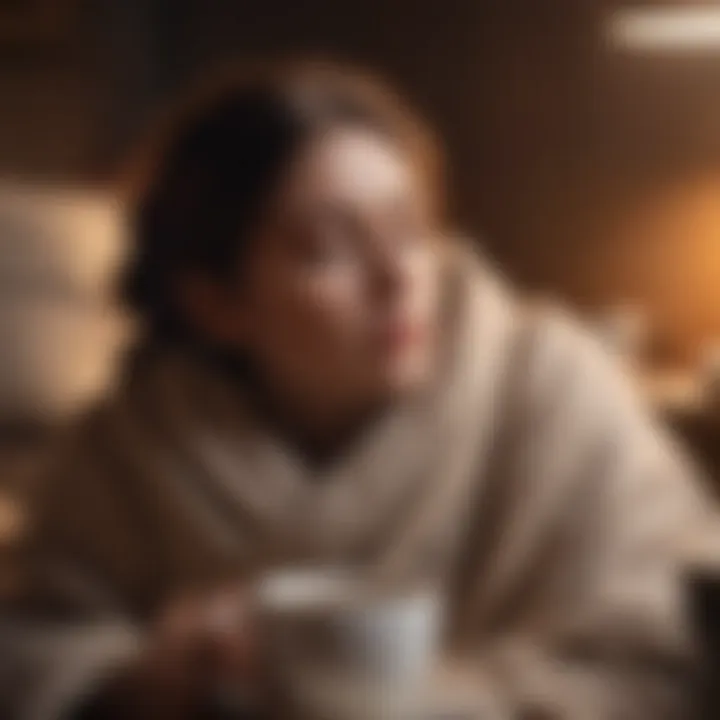 An illustration of a person resting comfortably with a warm blanket and tea.