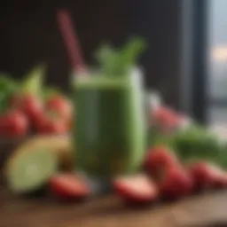 A close-up of a nutritious smoothie filled with fruits and greens.
