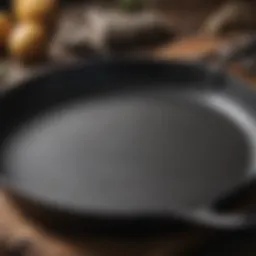 Close-up of a seasoned cast iron skillet showcasing its smooth surface