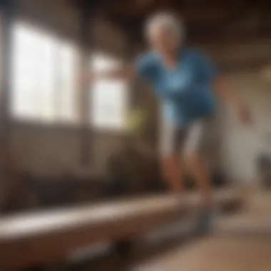 Elderly individual practicing on a balance beam