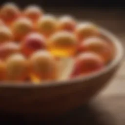 A close-up of apple cider vinegar capsules in a wooden bowl