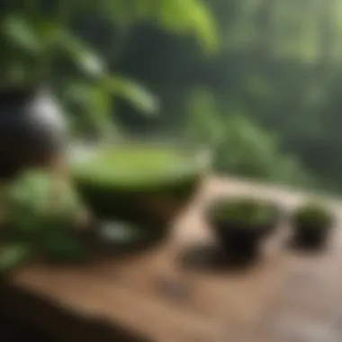 A serene setting featuring matcha tea surrounded by natural elements