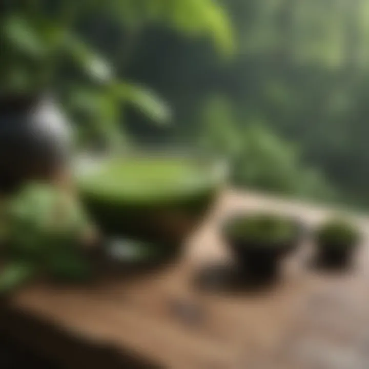 A serene setting featuring matcha tea surrounded by natural elements