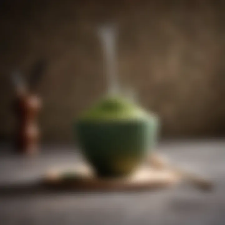 Close-up of a steaming cup of matcha tea with a whisk
