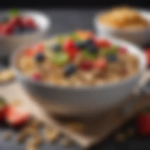 A vibrant bowl of multigrain cereal topped with fresh fruits