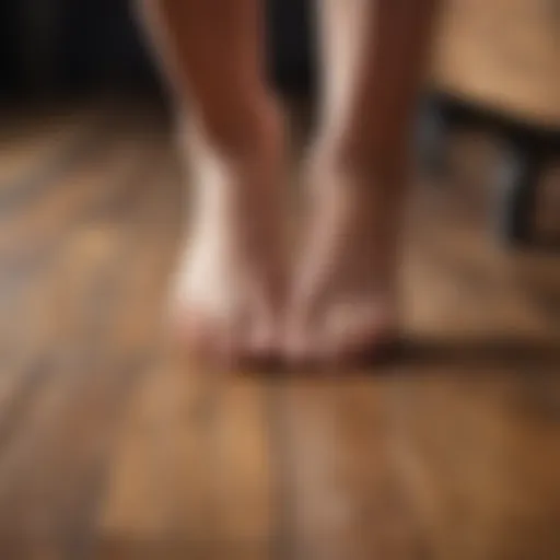 A close-up view of a foot resting on a wooden floor, highlighting the sensation of numbness.