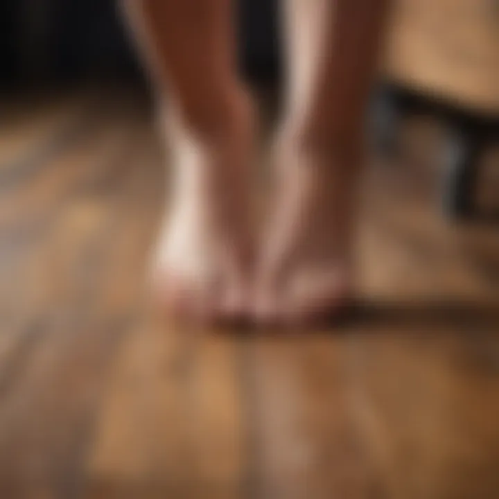 A close-up view of a foot resting on a wooden floor, highlighting the sensation of numbness.