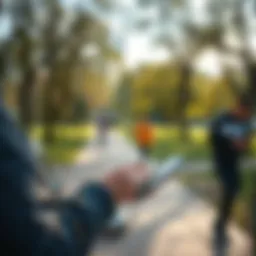 A user engaging with a mobile app while walking in a park