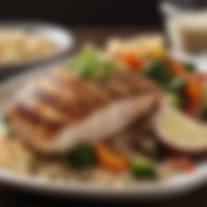 A close-up of a well-prepared grilled chicken breast served with a side of quinoa and vegetables.