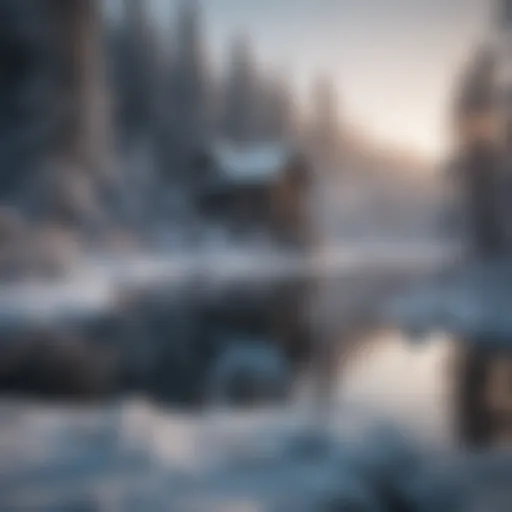 A serene winter landscape with a frozen lake