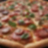 Close-up of a gourmet pizza topped with fresh vegetables and lean protein