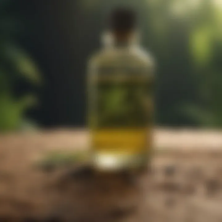 A bottle of hemp seed oil against a natural backdrop