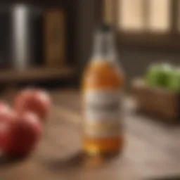 A bottle of apple cider vinegar on a wooden table