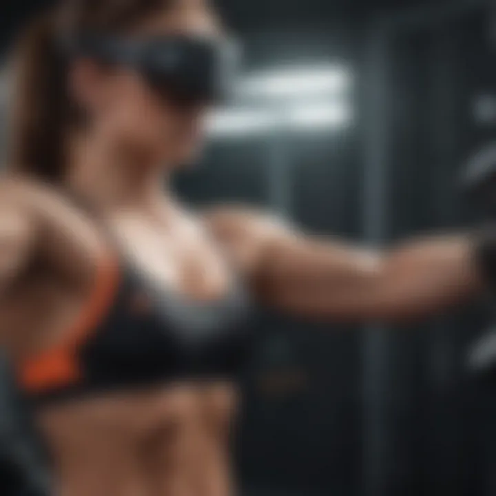 Close-up of VR fitness application displaying weight lifting metrics