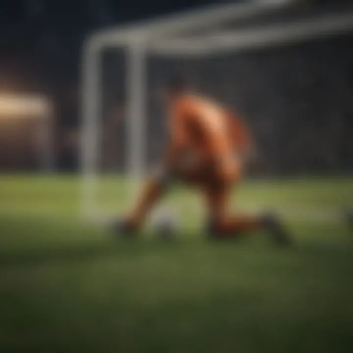 A soccer field with a goalie practicing dives and saves against a goal.