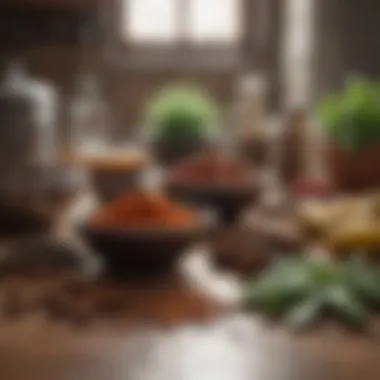 A variety of spices and herbs on a kitchen counter