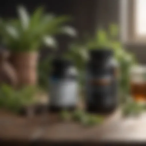 A collection of herbal supplements displayed alongside a fitness journal