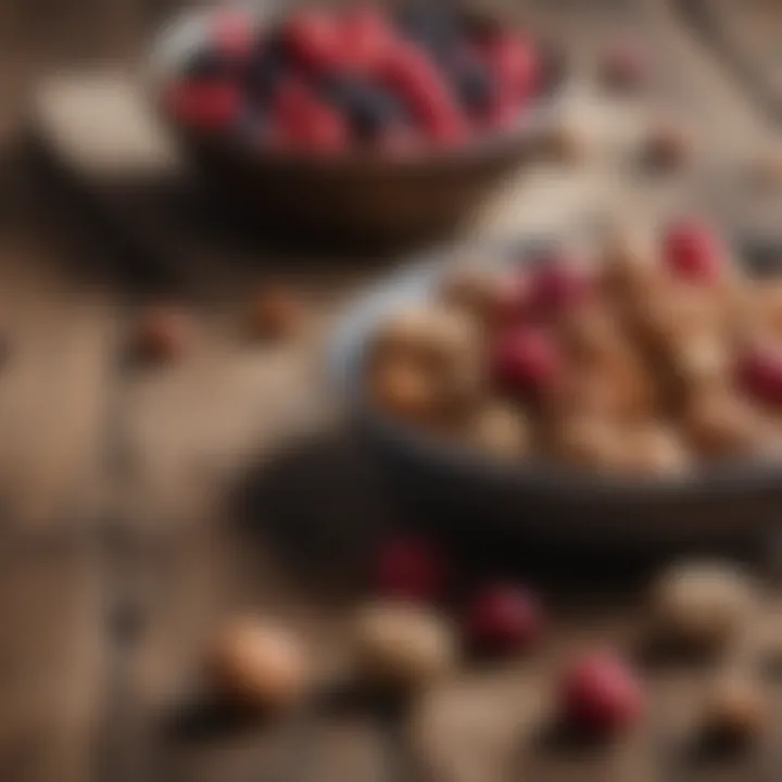 A selection of nuts and berries on a rustic table