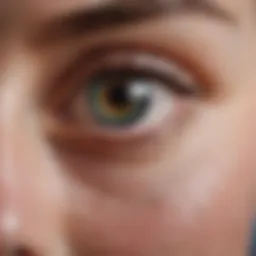 Close-up of an eye with a contact lens visibly stuck