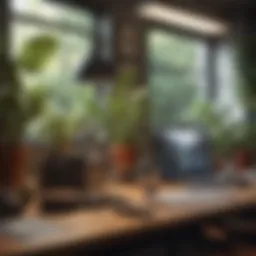 A serene workspace designed to minimize distractions, featuring plants and organized tools.