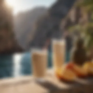 Elegant glass of protein shake with Mediterranean backdrop