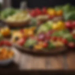 A colorful array of fresh vegetables and fruits on a wooden table.