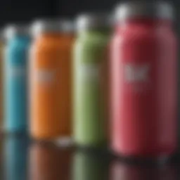 A selection of colorful protein shakes in clear glass containers.