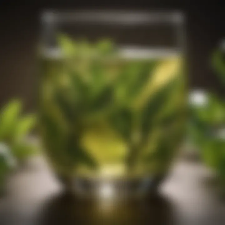 Close-up of a glass of green tea with fresh leaves
