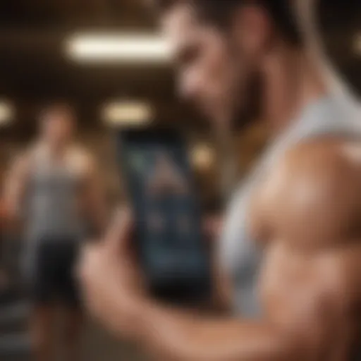 Dynamic illustration of a user engaging with a workout application on a smartphone.