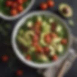 A vibrant salad filled with leafy greens, cherry tomatoes, and avocados depicting a healthy lunch option.