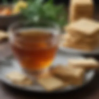 A glass of warm herbal tea beside a plate of whole grain crackers and cheese.